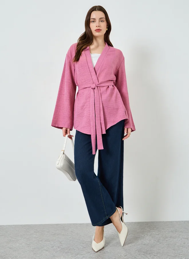 Women Pink Plain Kimono with Belt